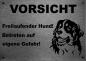 Preview: Edelstahl Warnschild Berner Sennenhund VORSICHT Freilaufender Hund! Betreten auf eigene Gefahr!
